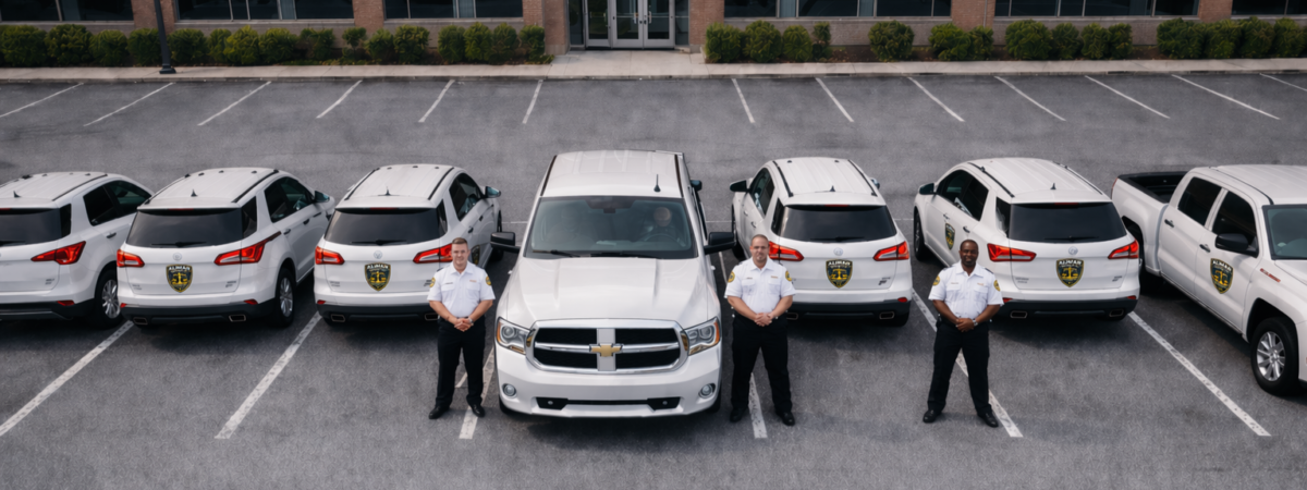 ASI Vehicles w Guards and new Logo in fronnt of office building
