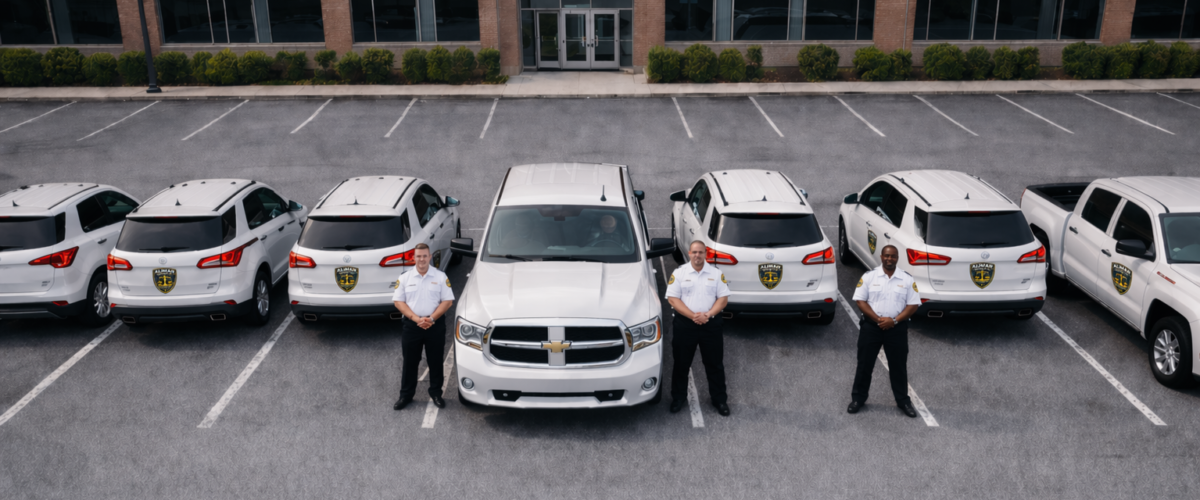 ASI Vehicles w Guards and new Logo in fronnt of office building
